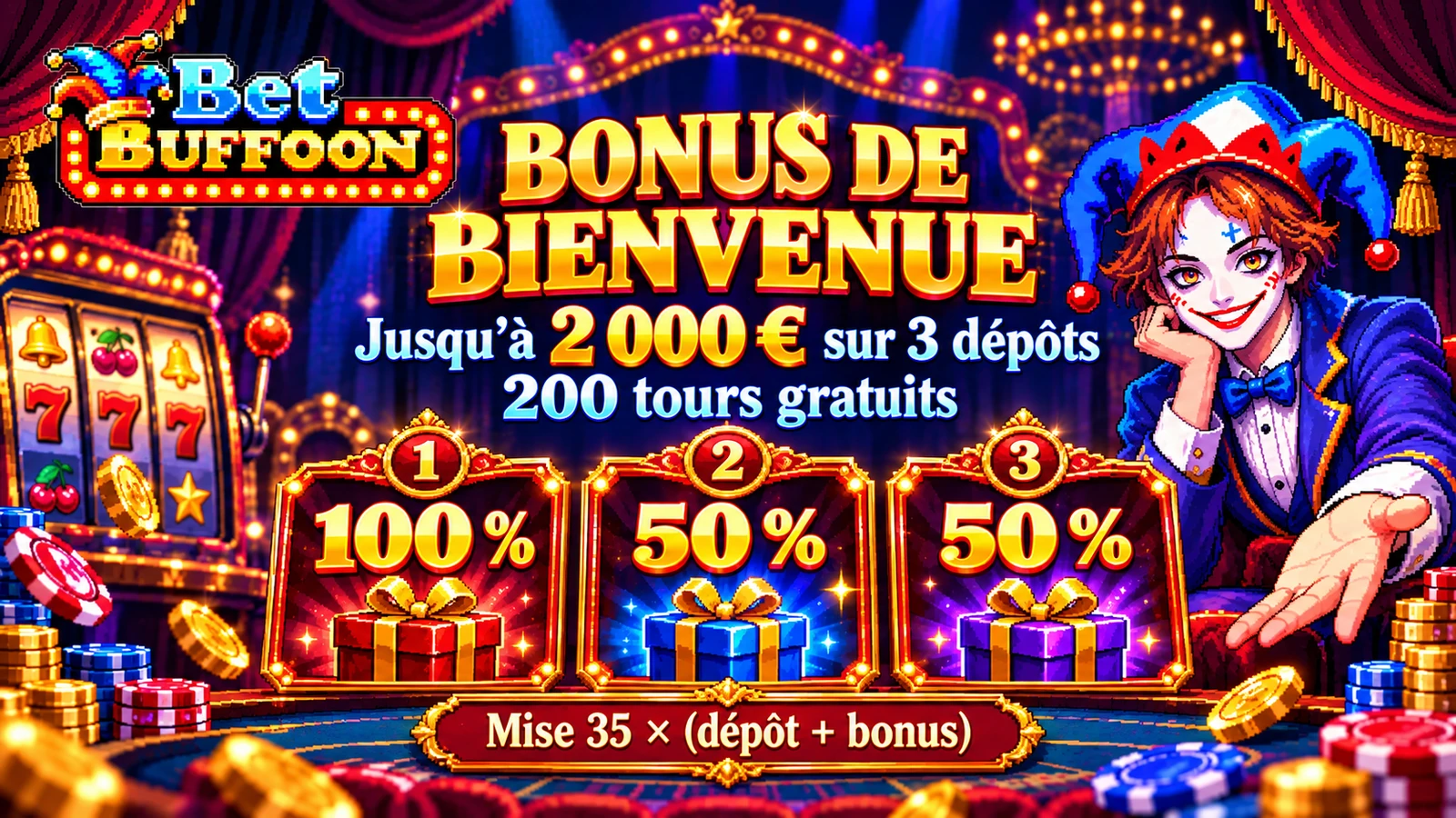 Bonus Bet Buffoon : trois dépôts, 200 tours gratuits et condition de mise